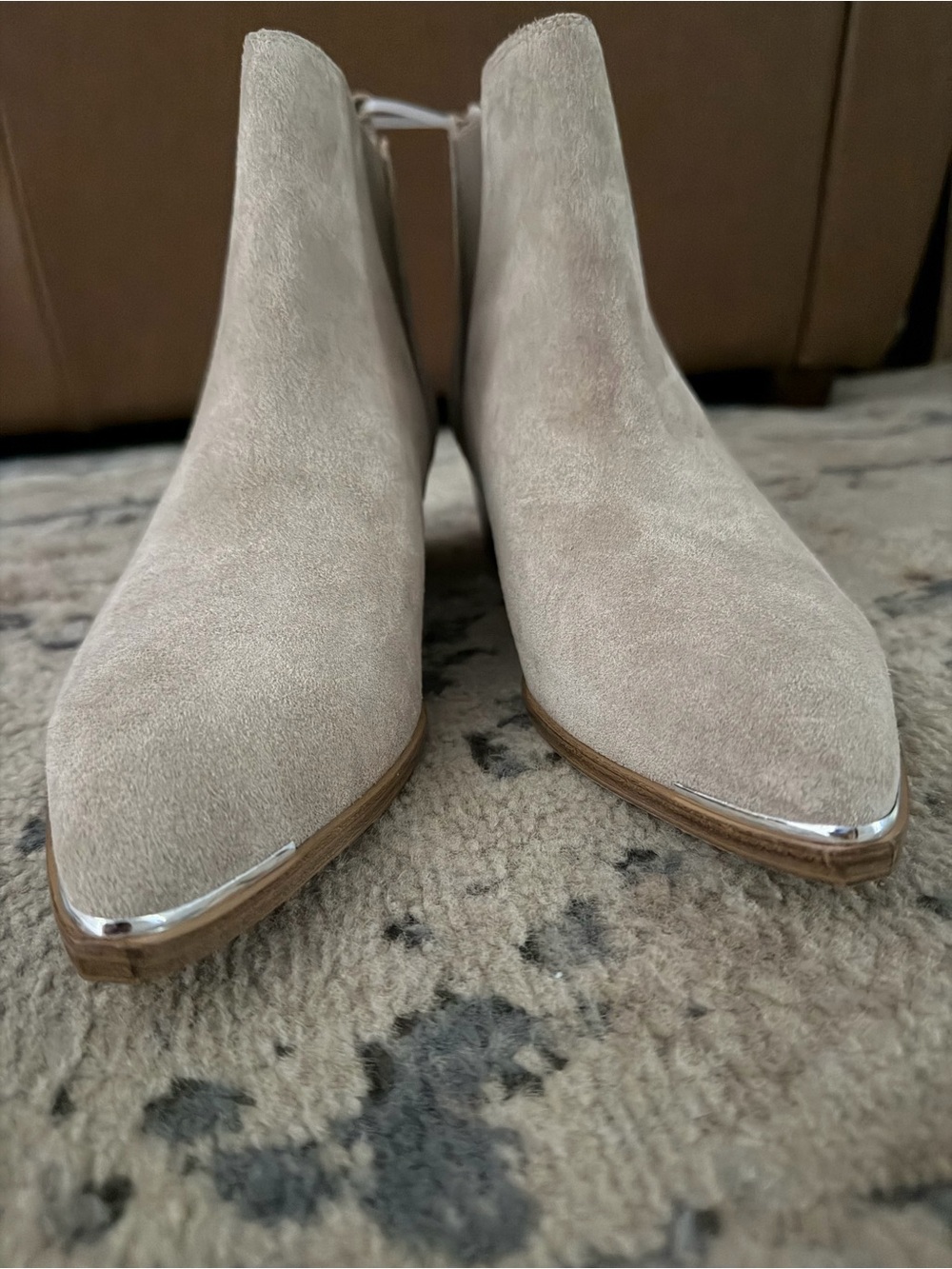 Marc Fisher Light Beige Suede Pointed Ankle Booties with Silver Toe Cap